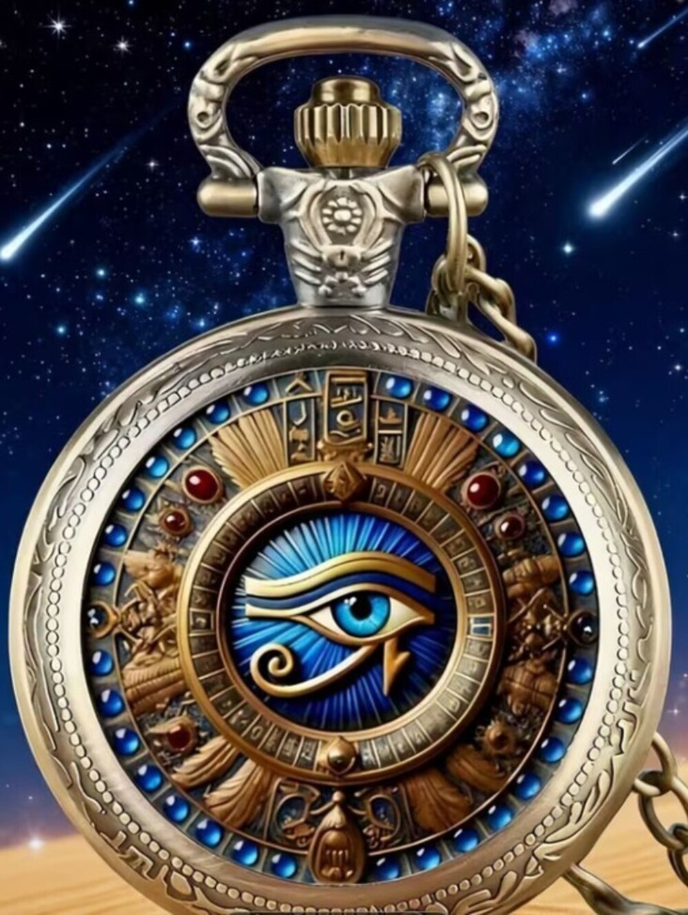 Vintage Style Pocket Watch with Egyptian Eye Design and Chain Eye of Horus
